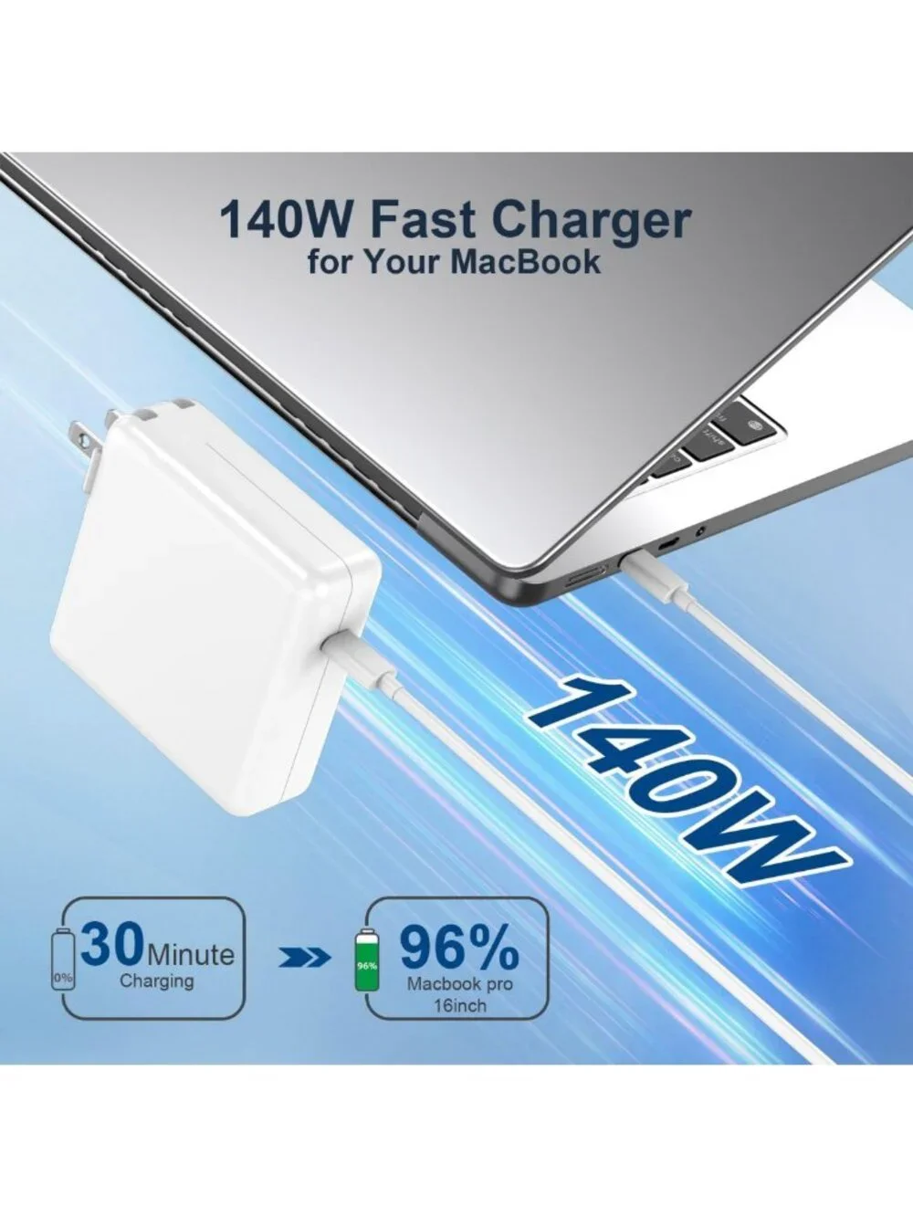 High-Power 140W USB-C Charger for MacBook Pro & Air, 6.6FT & 8.2FT Cables